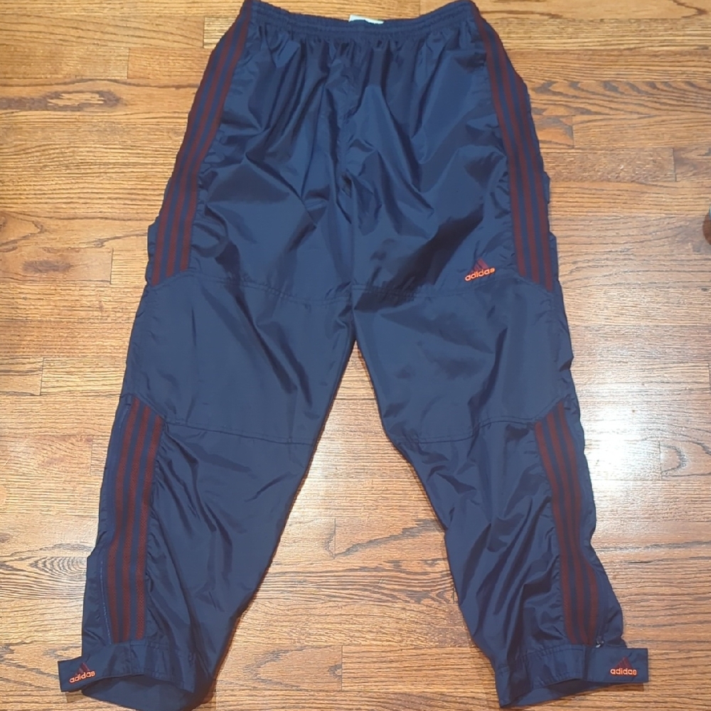 Adidas Dark Blue Windbreaker Pants with Burgundy Stripes